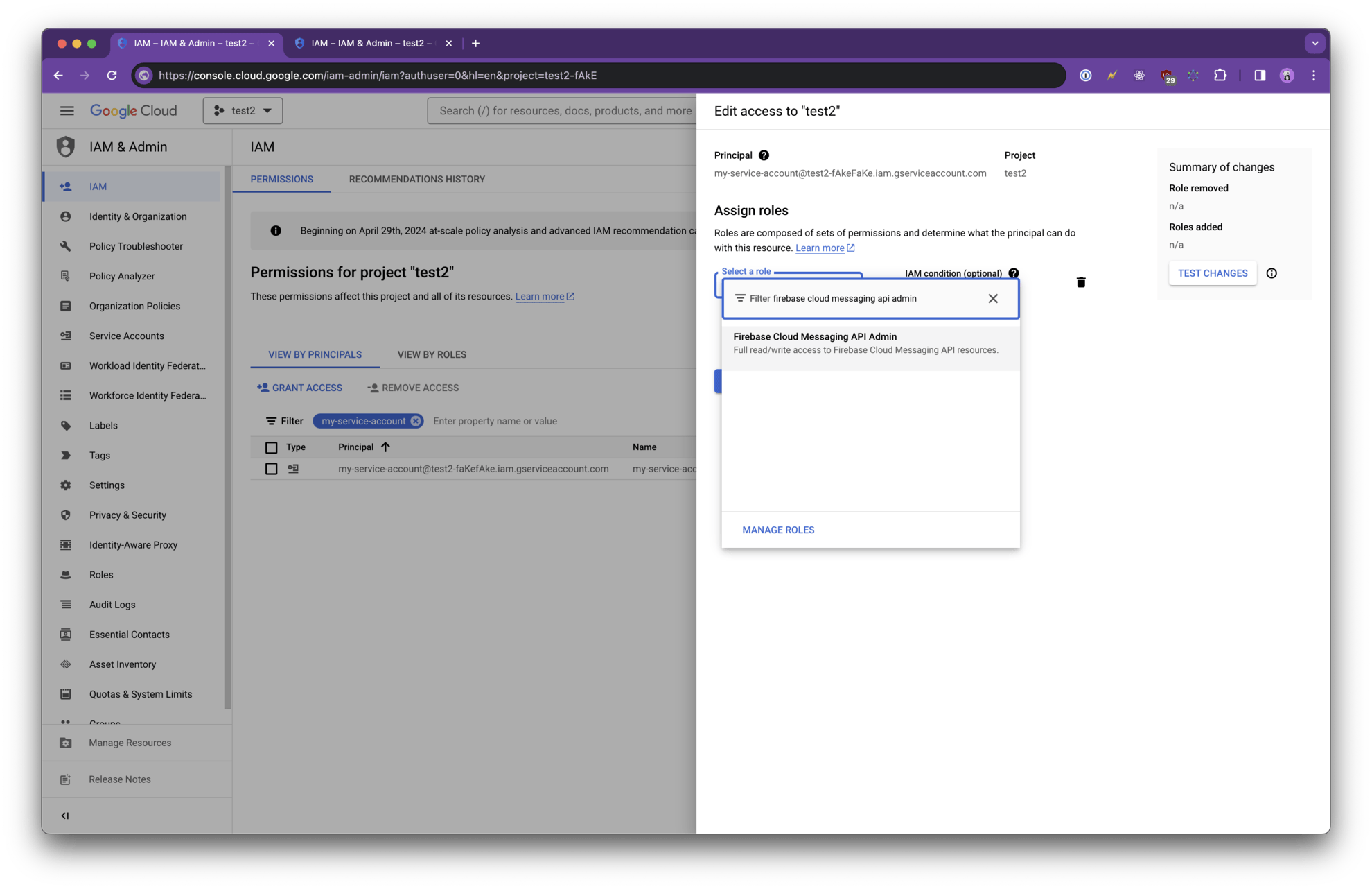 Select the Firebase Messaging API Admin role