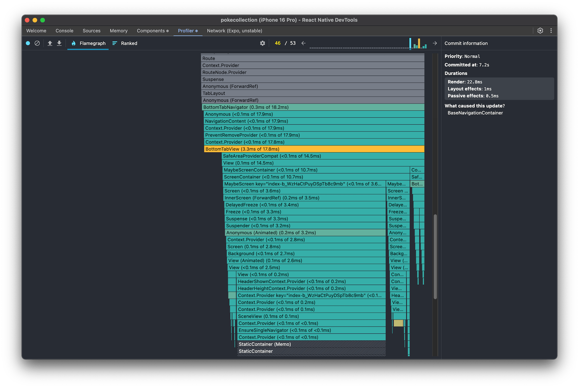 React Native DevTools Profiler tab open to show insights on app's JavaScript performance.