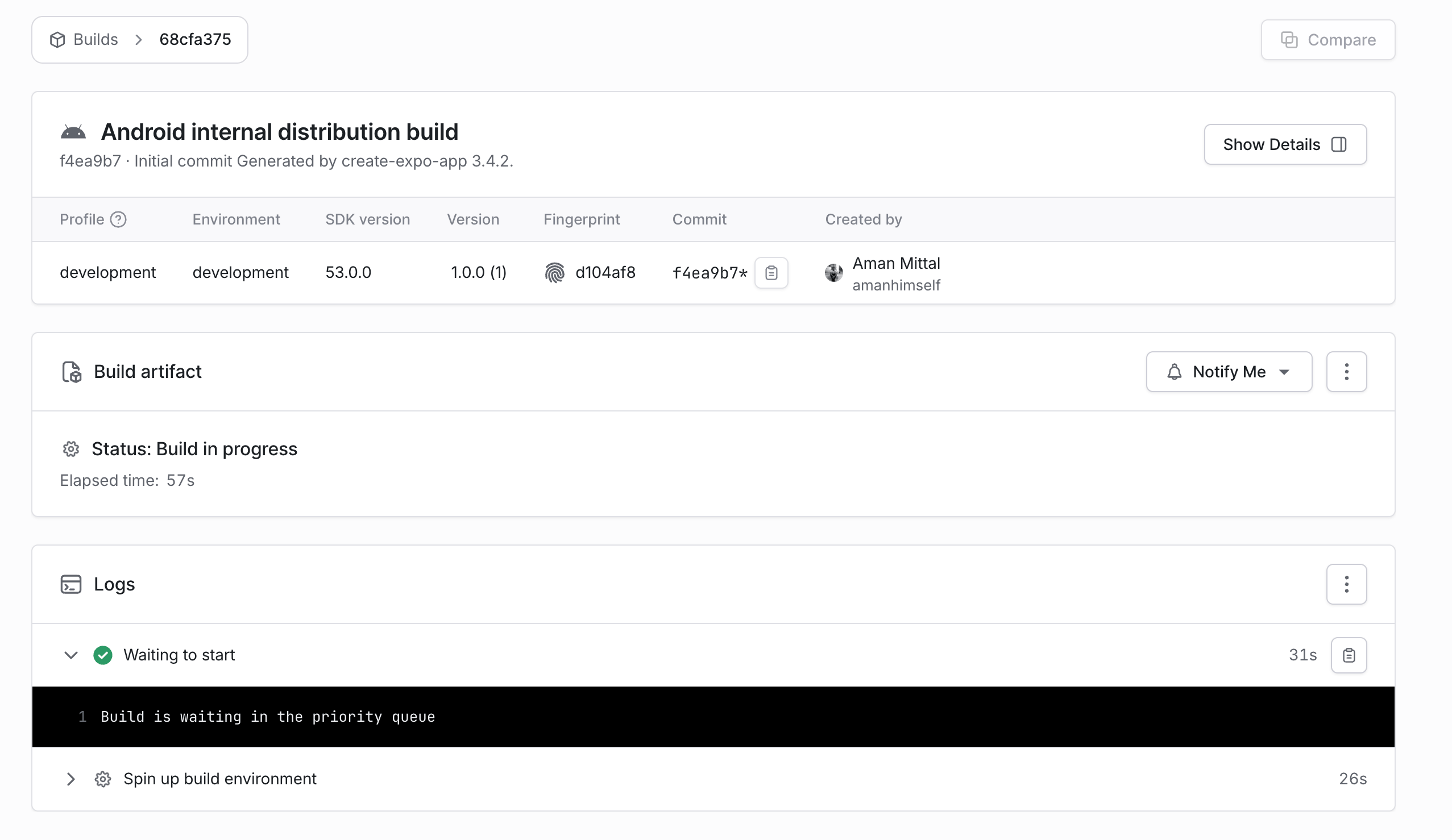 Android development build details and progress in EAS dashboard