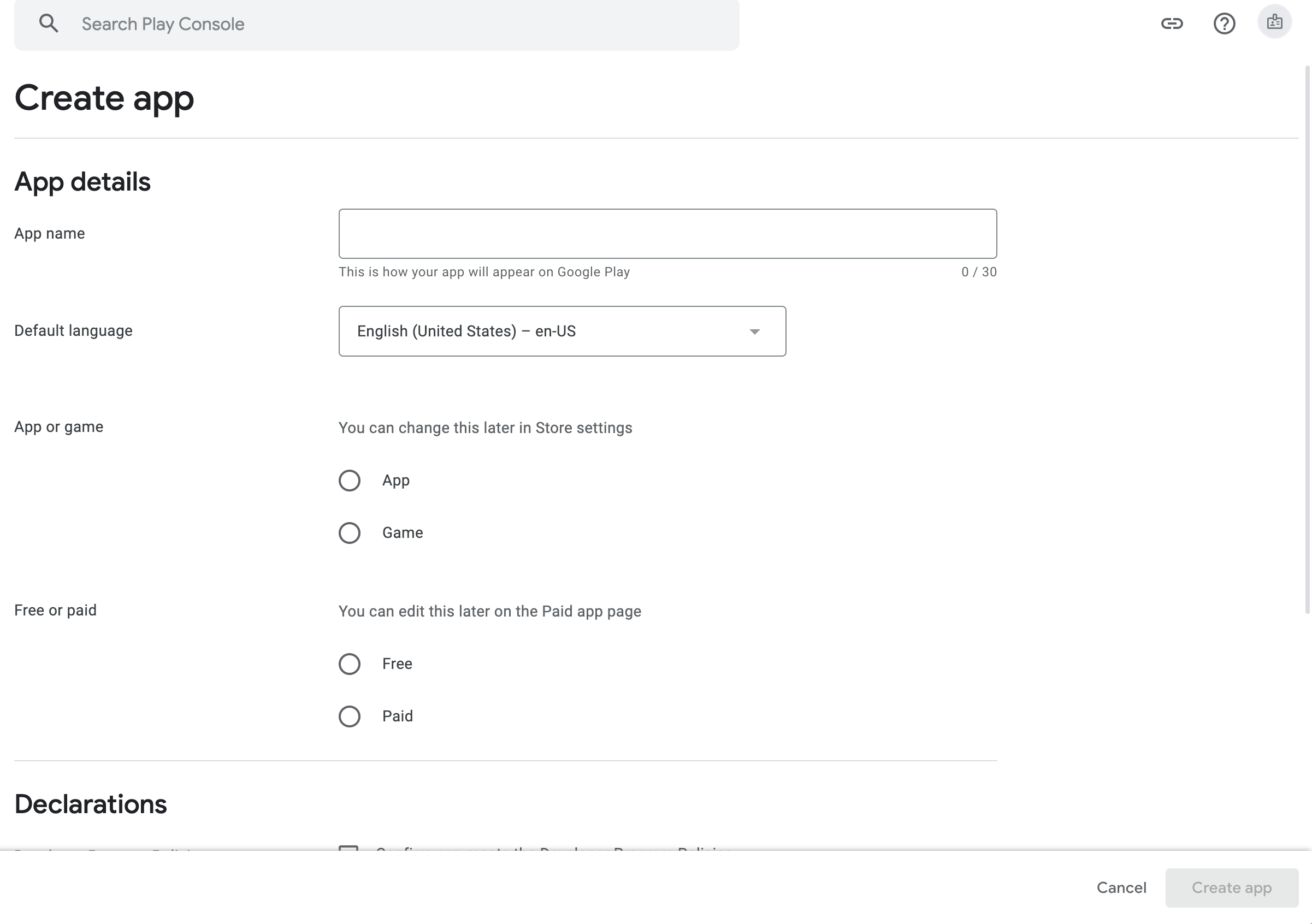 Create app form on Google Play Console