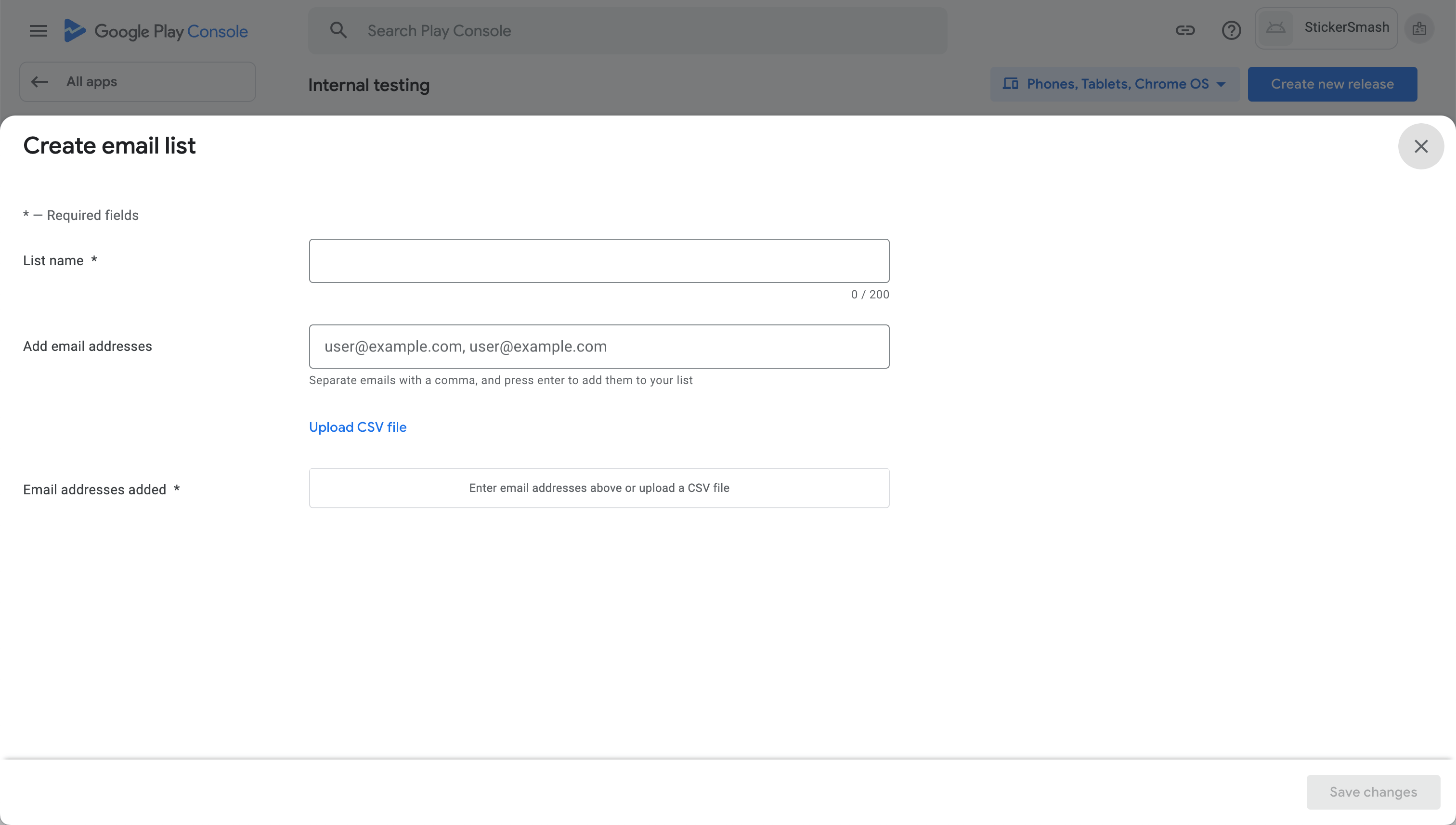 Create an email list for internal testers