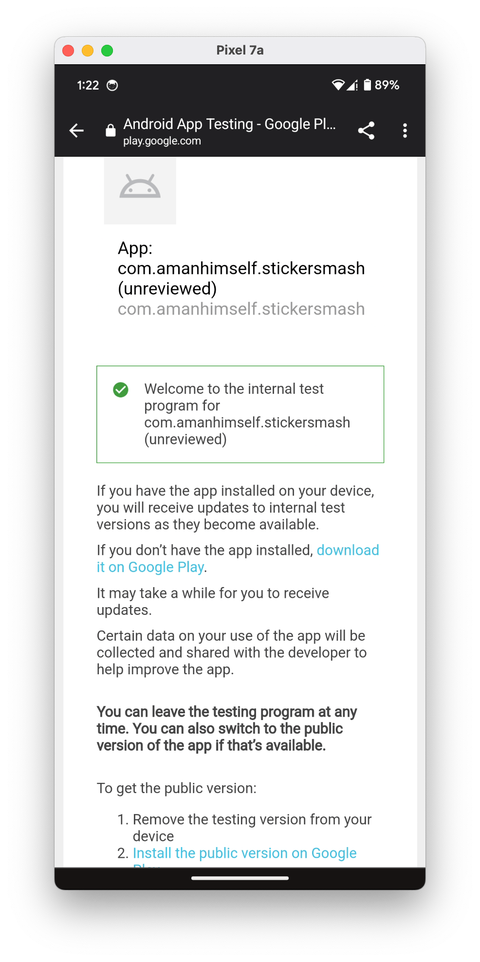 On accepting the invite, the app can be installed on the device